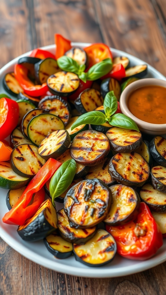 Grilled Juicy Vegetable Medley A colorful assortment of grilled zucchini, bell peppers, and eggplant on a wooden platter, garnished with basil.